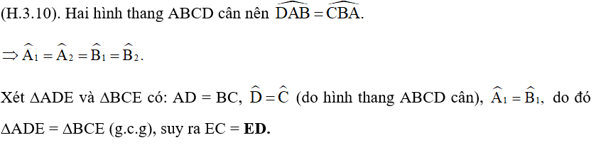 Hai tia phân giác của hai góc A, B của hình thang cân ABCD (AB // CD) cắt nhau tại điểm E trên cạnh đáy CD. Chứng minh rằng EC = ED. (ảnh 2)