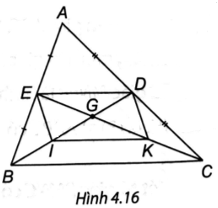 Cho tam giác ABC, các đường trung tuyến BD và CE cắt nhau ở G. Gọi I, K theo thứ tự là trung điểm của GB, GC. Chứng minh rằng EI = DK. (ảnh 1)