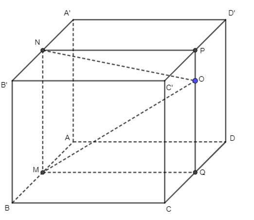 Cho hình hộp ABCD.A’B’C’D’. Gọi M và N lần lượt là trung điểm của AB và A’B’ và O là một điểm thuộc miền trong của mặt bên CC’D’D. Tìm giao tuyến của mặt phẳng (OMN) với các mặt của hình hộp.  (ảnh 1)