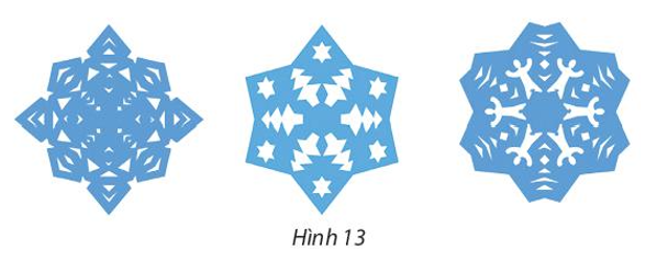 Nghệ thuật cắt giấy Kirigami của Nhật Bản đã sử dụng rất nhiều phép đối xứng khi cắt để tạo ra các hình đẹp. Hãy tìm trục đối xứng và tâm đối xứng của các hình trong Hình 13.   (ảnh 1)
