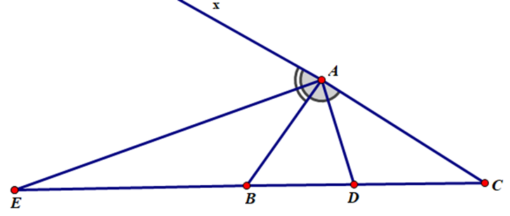 Cho tam giác ABC có đường phân giác trong AD, đường phân giác ngoài AE (ảnh 1)