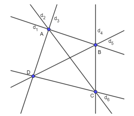 Cho bốn điểm A, B, C, D phân biệt, trong đó không có ba điểm nào thẳng hàng. Có bao nhiêu đường thẳng đi qua hai trong bốn điểm đã cho.  (ảnh 1)