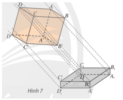Quan sát Hình 7 và cho biết các tia nắng song song đã tạo ra hình chiếu của hình hộp như thế nào trên nền nhà.  (ảnh 1)
