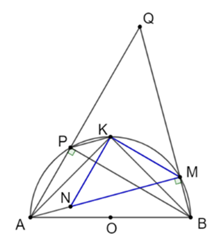 Cho nửa đường tròn (O) đường kính AB và K là điểm chính giữa cung AB. Trên cung (ảnh 1)