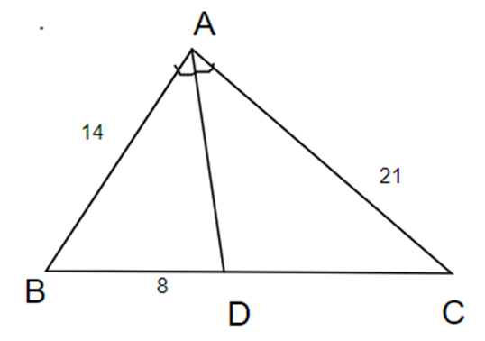 Cho tam giác ABC có AB = 14 cm, AC = 21 cm. AD là phân giác của góc A (ảnh 1)