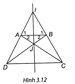 Hình thang cân ABCD (AB // CD, AB < CD) có các đường thẳng AD, BC cắt nhau tại I, các đường thẳng AC, BD cắt nhau tại J. Chứng minh rằng đường thẳng IJ là đường trung trực của đoạn thẳng AB. (ảnh 1)