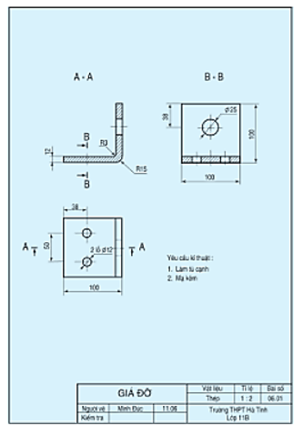 Vẽ 3 hình chiếu cơ bản của các chi tiết 1 và 2 của bản vẽ lắp bộ giá đỡ (Hình 4.8). Mỗi chi tiết trình bày trên khổ giấy A4 có khi kích thước khung bản vẽ và khung tên. (ảnh 1)