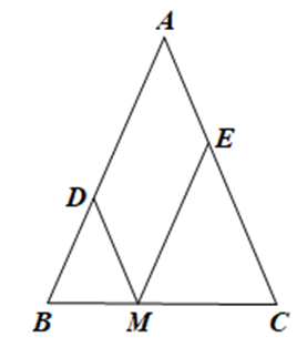 Cho tam giác ABC có AB = AC = 3 cm. Từ điểm M thuộc cạnh BC, kẻ MD song song với  (ảnh 1)