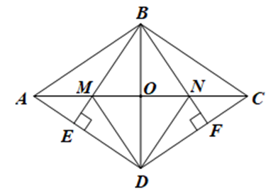 Cho hình thoi ABCD có góc B tù. Kẻ BE vuông góc AD tại E, BF vuông góc với CD tại F (ảnh 1)