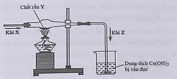 Hình vẽ sau đây mô tả thí nghiệm khí X tác dụng với chất rắn Y, nung nóng sinh ra khí Z:  Phương trình hoá học của phản ứng tạo thành khí Z trong thí nghiệm trên là (ảnh 1)