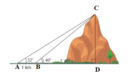 Tính chiều cao của một ngọn núi DC cho biết tại hai điểm A, B cách nhau 1km  (ảnh 1)