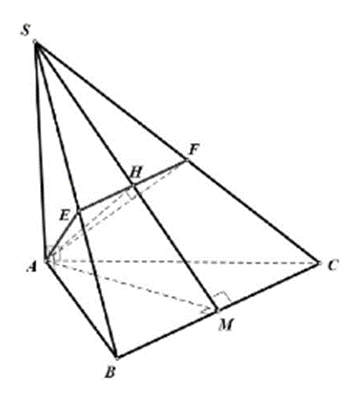 Cho hình chóp S.ABC có đáy ABC là tam giác đều cạnh a, SA vuông góc với mặt đáy. Gọi M là trung điểm BC. Mặt phẳng (P) đi qua A và vuông góc với SM cắt SB, SC lần lượt tại E, F.  (ảnh 1)