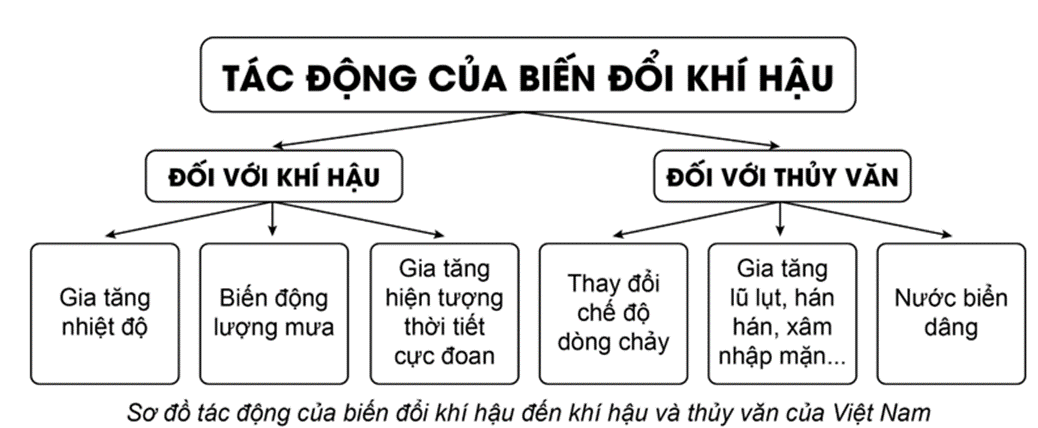 Lập sơ đồ thể hiện tác động  của biến đổi khí hậu đến khí hậu và thuỷ văn Việt Nam (ảnh 1)