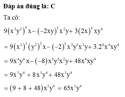 Kết quả sau khi thu gọn biểu thức đại số 9 ( x^2y^2) ^4- ( -2xy)^3x^2y + 3(2x)^4xy^4 là (ảnh 1)