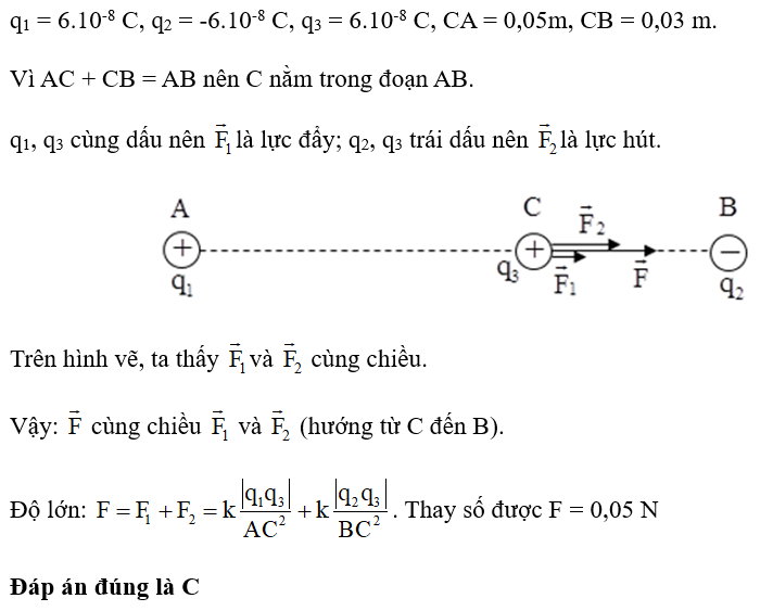 Hai điện tích q1 = 6.10-8 C, q2 = - 6.10-8 C đặt tại A, B trong không khí (AB = 8 cm). Xác định lực tác dụng lên q3 = 6.10-8 C, nếu: CA = 5 cm, CB = 3 cm A. 5 N.	 B. 0,5 N. C. 0,05 N. D. 0,005 N. (ảnh 1)