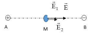 Cho 2 điện tích điểm q1 = 5.10^-9 C; q2 =  5.10T^-9 C lần lượt đặt tại 2 điểm A, B cách nhau 10 cm trong chân không. Xác định cường độ điện trường tại điểm M nằm tại trung điểm của AB ? A. 9000 V/m hướng về phía điện tích dương. B. 9000 V/m hướng về phía điện tích âm. C. bằng 0. D. 9000 V/m hướng vuông góc với đường nối hai điện tích. (ảnh 1)