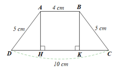 Cho hình thang cân có độ dài hai đáy lần lượt là 10 cm và 4 cm, độ dài cạnh bên là 5 cm. Hình thang đó có chiều cao là A. 2 cm. B. 3 cm. C. 4 cm. D. 6 cm. (ảnh 1)