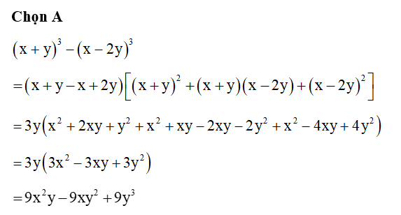 Thực hiện phép tính ( x+y) ^3 - ( x-2y) ^3 (ảnh 1)