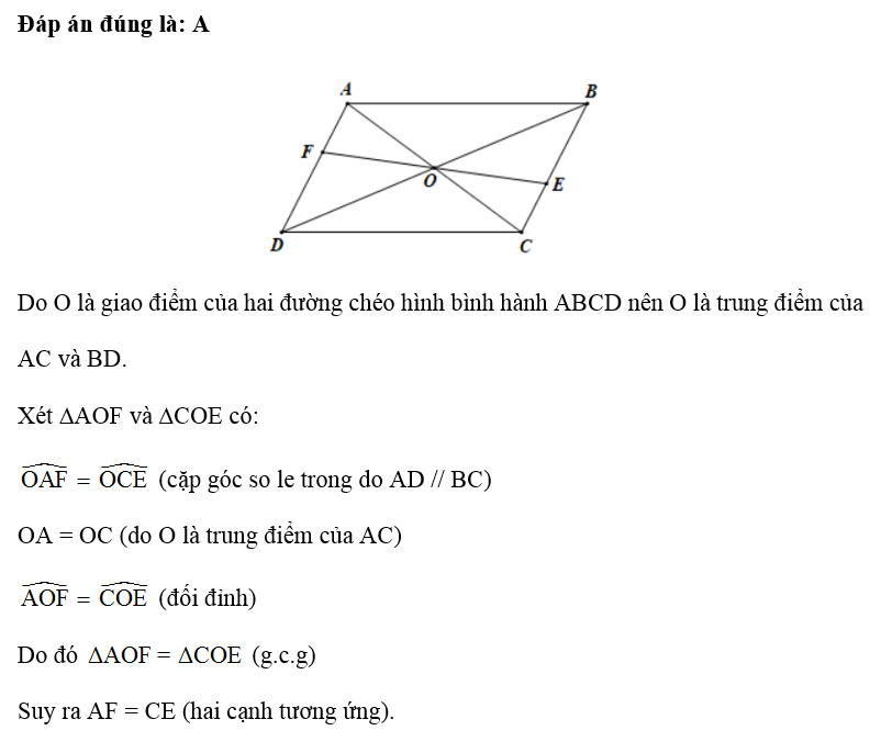 Cho hình bình hành ABCD. Qua giao điểm O của các đường chéo, vẽ một đường thẳng cắt các cạnh đối BC và AD theo (ảnh 1)
