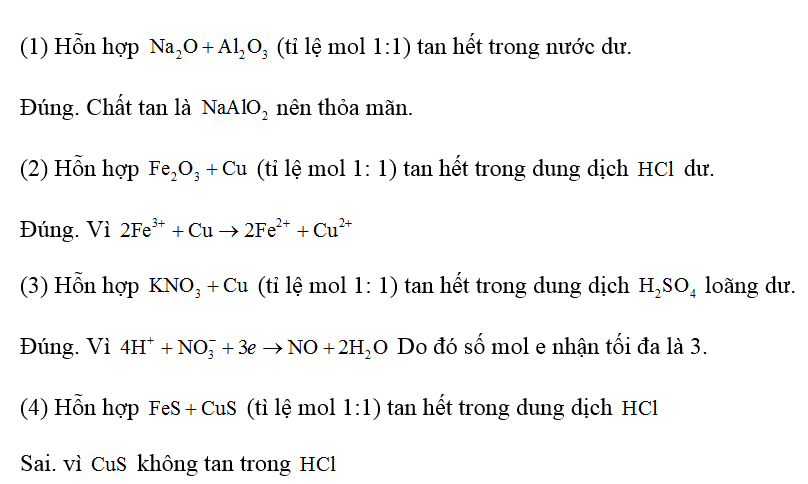 Cho các nhận xét sau:  (1) Hỗn hợp Na2O + Al2O3 (tì lệ mol 1: 1) tan hết trong nước dư. (ảnh 1)