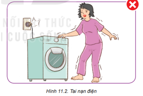Người trong Hình 11.2 chạm vào vỏ máy giặt bị rò điện có bị điện giật không? Tại sao? (ảnh 1)