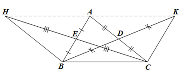 Cho tam giác ABC có các đường trung tuyến BD và CE Các tứ giác AHBC, AKCB là hình bình hành (ảnh 1)