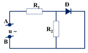 Trong đoạn mạch AB  như hình vẽ. Đ là điôt lí tường, hai điện trờ đều bằng R. Điện áp giữa A và B là (ảnh 1)