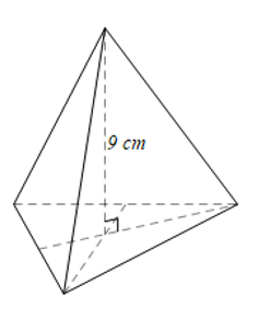 Cho hình chóp tam giác đều có diện tích đáy bằng 36 cm và chiều cao bằng 9 cm. Thể tích của hình chóp này là (ảnh 1)