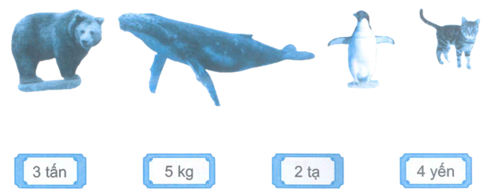 Nối mỗi con vật với số đo cân nặng thích hợp. (ảnh 1)