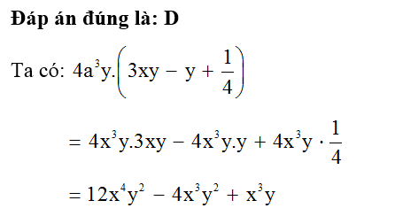 Tích 4a^3y ( 3xy-y + 1/4 ) có kết quả bằng (ảnh 1)
