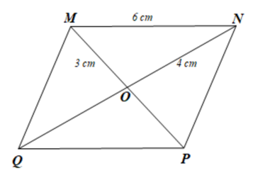 Cho hình bình hành MNPQ có O là giao điểm của hai đường chéo. Biết MN = 6, OM = 3, ON = 4. Độ dài của MP, NQ, PQ lần lượt là A. 6; 8; 6. B. 8; 6; 6. C. 6; 6; 8. D. 8; 8; 6. (ảnh 1)