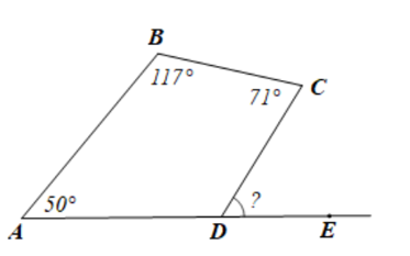 Cho tứ giác ABCD có góc A= 50 độ, góc B= 117 độ, góc C = 71 độ. Số đo góc ngoài tại đỉnh D bằng: (ảnh 1)