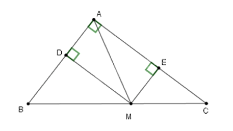 Cho tam giác ABC vuông tại A, điểm M thuộc cạnh huyền BC. Gọi D, E lần lượt là chân đường vuông góc kẻ từ M đến AB (ảnh 1)