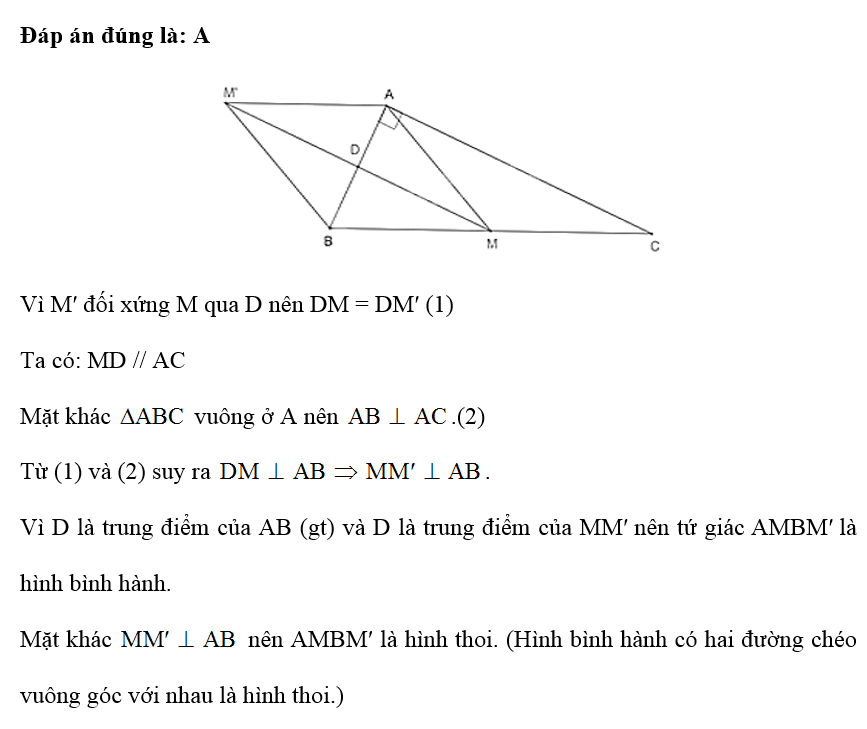 Cho tam giác ABC vuông ở A, trung tuyến AM. Gọi D là trung điểm của AB và MD // AC, M′ là điểm đối xứng với (ảnh 1)