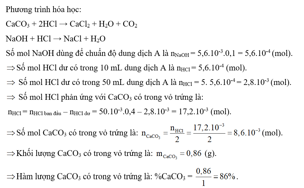 Vỏ trứng có chứa calcium ở dạng CaCO3. Để xác định hàm lượng CaCO3 trong vỏ trứng, trong phòng thí nghiệm (ảnh 1)
