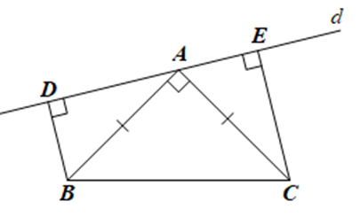 Cho tam giác ABC vuông cân tại A. Qua A kẻ đường thẳng d bất kì sao cho đường thẳng d  (ảnh 1)