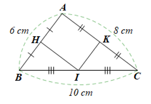 Cho tam giác ABC có AB = 6 cm, AC = 8 cm, BC = 10 cm. Gọi H, I, K lần lượt là trung điểm của AB, BC, AC. Chu vi của tứ giác AHIK bằng  A. 7 cm. B. 14 cm. C. 24 cm. D. 12 cm. (ảnh 1)