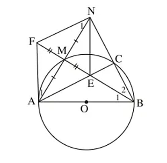 Cho đường tròn (O), đường kính AB, điểm M nằm trên (O). Vẽ điểm N đối xứng với  (ảnh 1)
