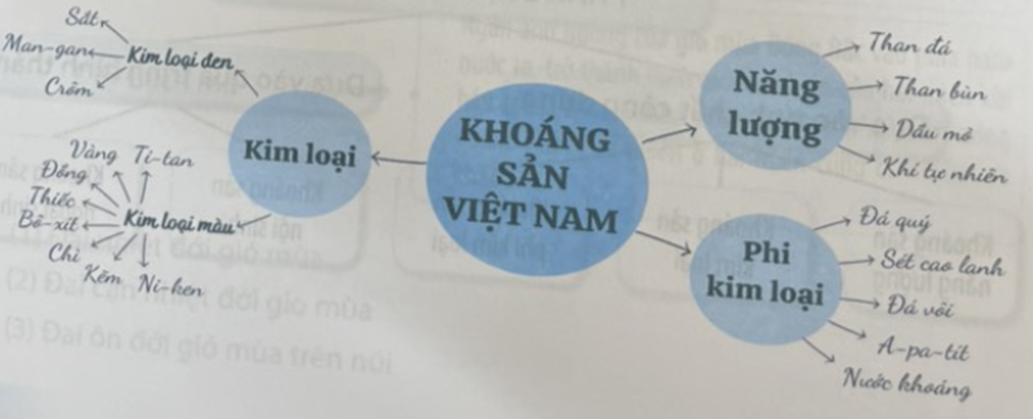 Lập sơ đồ thể hiện sự đa dạng của tài nguyên khoáng sản ở Việt Nam (ảnh 1)