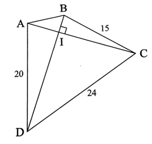 Cho tứ giác ABCD có hai đường chéo vuông góc với nhau tại I. Cho biết BC = 15 cm, CD = 24 cm và AD = 20 cm. Tính độ dài AB. (ảnh 1)