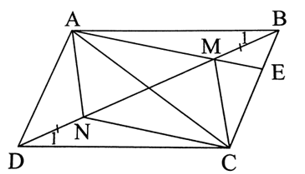 Cho hình bình hành ABCD. Trên đường chéo BD lấy hai điểm M và N sao cho BM = DN. a) Chứng minh tứ giác AMCN là hình bình hành. b) Xác định vị trí của điểm M để tia AM cắt BC tại trung điểm của BC. (ảnh 1)