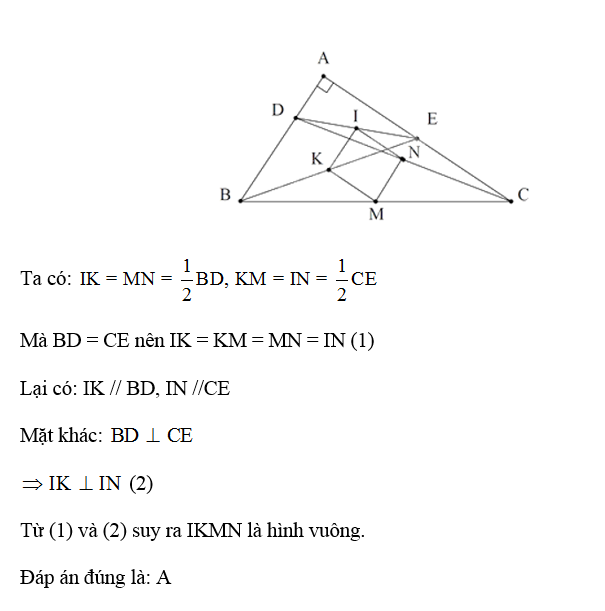 Tam giác ABC vuông tại A. Trên các cạnh AB, AC lấy các điểm D, E sao cho BD = CE. Gọi I, K, M, N theo thứ tự là các điểm thuộc (ảnh 1)