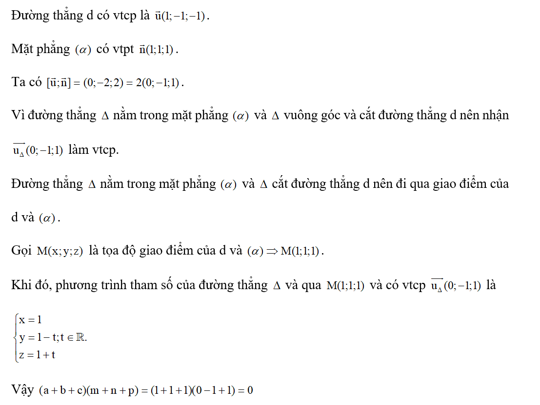 Trong không gian, cho đường thẳng d: x= 1+t , y = 1-t và z = 1- t và mặt phẳng (a) : x+ y+z -3=0. Phương trình đường (ảnh 1)