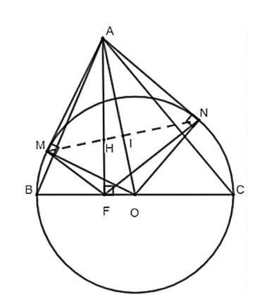 Cho đường tròn (O), đường kính BC = 2R, điểm A nằm ngoài đường tròn sao cho tam  (ảnh 1)
