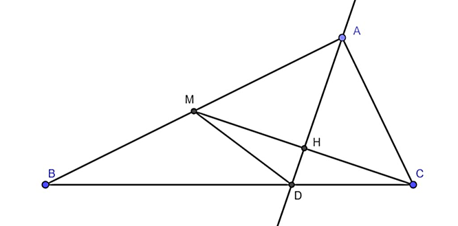 Cho tam giác ABC có AC = 2. Gọi M là trung điểm của AB và D là chân đường phân giác (ảnh 1)