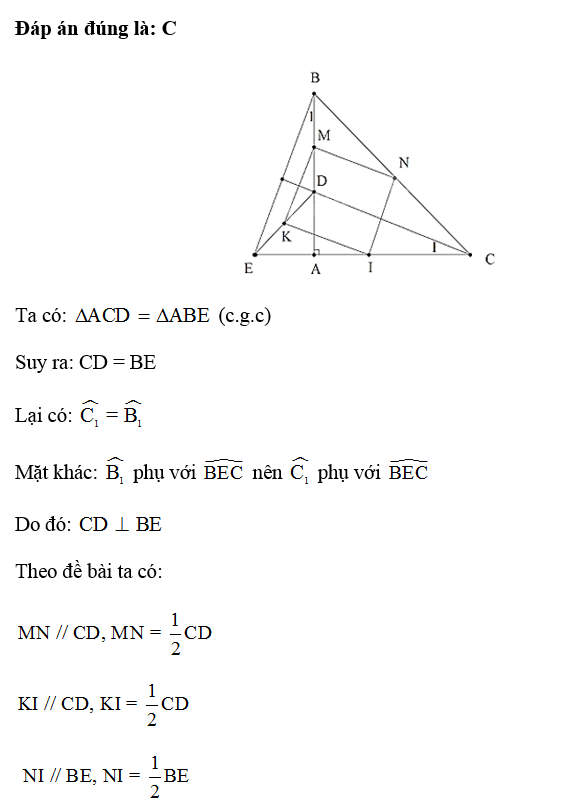 Cho tam giác ABC vuông cân tại A, điểm D thuộc cạnh AB. Trên tia đối của tia AC lấy điểm E sao cho AE = AD. Gọi (ảnh 1)