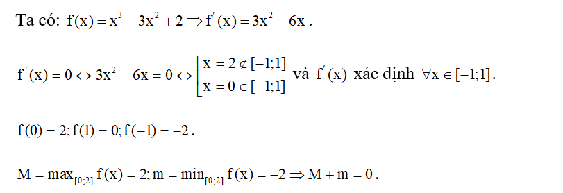 Gọi M, m lần lượt là giá trị lớn nhất, giá trị nhỏ nhất của hàm số f(x) = x^3 -3x^2+2 trên đoạn [ -1;1].  (ảnh 1)