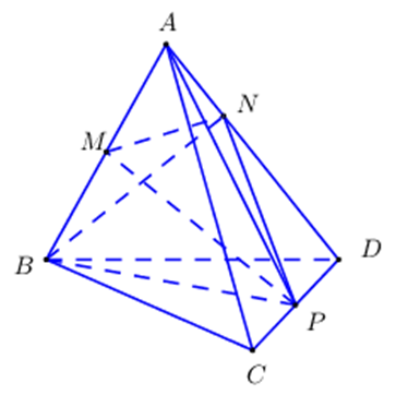 Cho tứ diện ABCD có thể tích bằng V, hai điểm M và P lần lượt là trung điểm AB (ảnh 1)