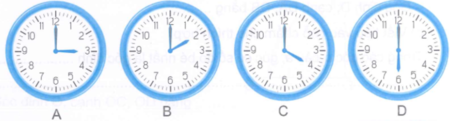 Dùng thước đo góc để đo góc được tạo bởi hai kim đồng hồ.  Viết số đo góc vào chỗ chấm cho thích hợp.  Hai kim đồng hồ ở đồng hồ A tạo ra góc ……….  Hai kim đồng hồ ở đồng hồ B tạo ra góc ……….  Hai kim đồng hồ ở đồng hồ C tạo ra góc ……….  Hai kim đồng hồ ở đồng hồ D tạo ra góc ………. (ảnh 1)