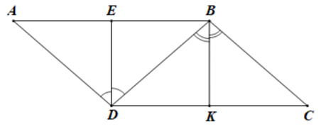 Cho hình bình hành ABCD. Gọi DE, BK lần lượt là đường phân giác của hai góc ADB, DBC (E ∈ AB, K ∈ CD). a) Chứng minh DE // BK. b) Giả sử DE ⊥ AB. Chứng minh DA = DB. c) Trong trường hợp DE ⊥ AB, tìm số đo của   để tứ giác DEBK là hình vuông. (ảnh 1)
